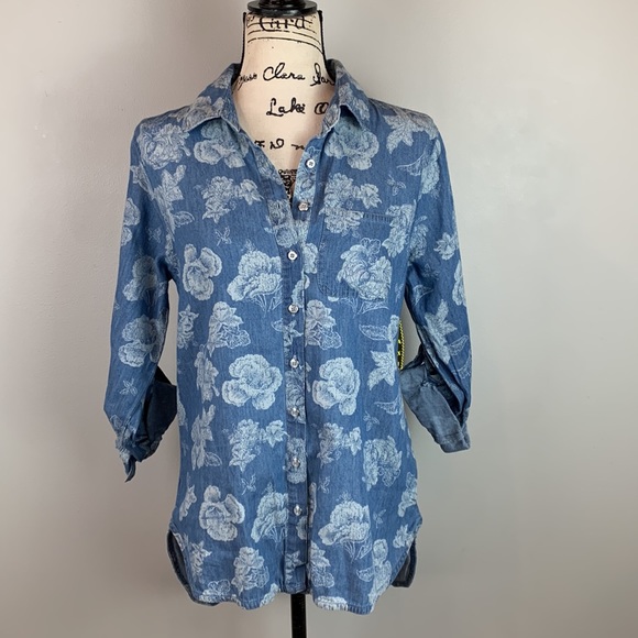 Taxi Floral Print Button Front Chambray Shirt - Picture 4 of 8